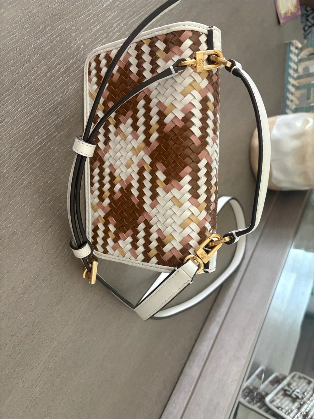Tory Burch Woven Mini Top-Handle Bag in White, Brown & Pink - Picture 4 of 8